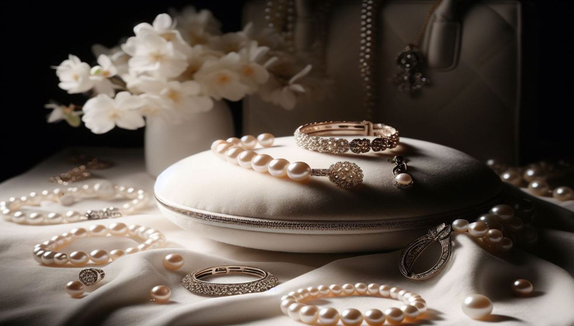 Bijoux en perles naturelles blanches exposés sur une table