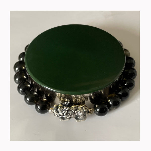 Bracelet en Perle d’Obsidienne Noir Dorée avec Feng Shui Pixiu en Argent plaqué OR– Invitation divine à la Prospérité et à la Protection
