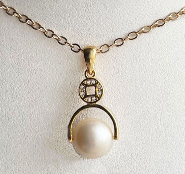 Pendentif et collier de porte bonheur et richesse avec Shou perle AAA  d'eau douce
