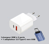 Chargeur UE 2 ports Rapide USB Type-C , certifié CE, PD 20W